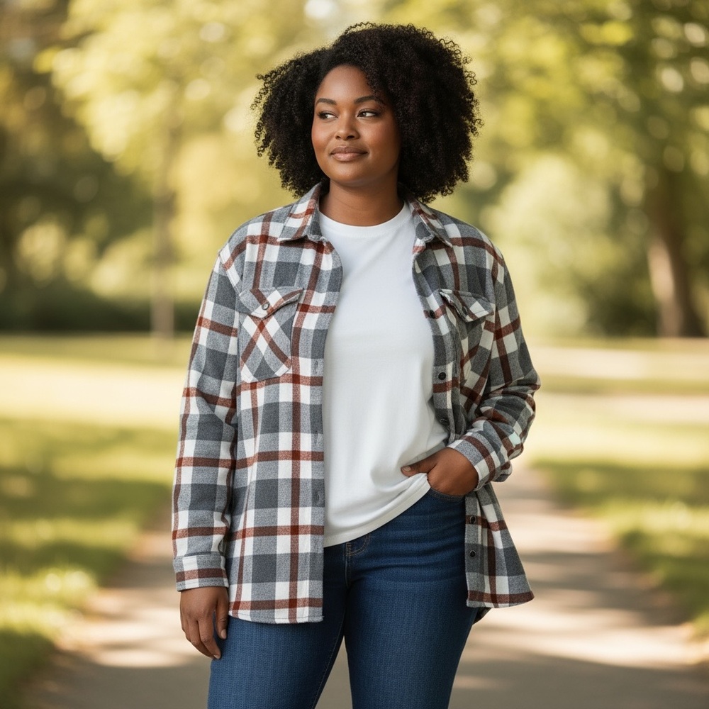 HFX Plaid Flannel Shacket Jacket Womens L Large Grey Cream Rust Snap Button